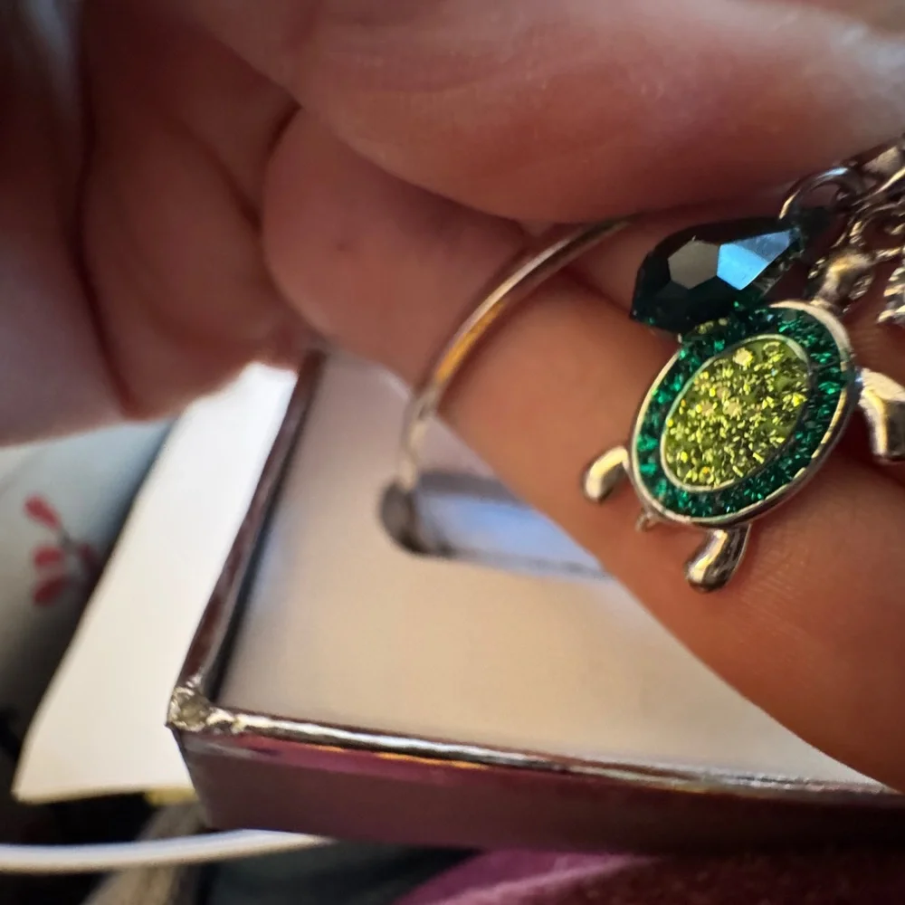 NWT NIB Silver Bracelet Crystal TURTLE Charm, Green/blue tear drop & CZ Orig $60 - Picture 3 of 15